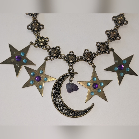 VTG METAL BRONZE/GOLD TONE MOON & STARS NATURAL GEM STONE NECKLACE - Picture 9 of 13